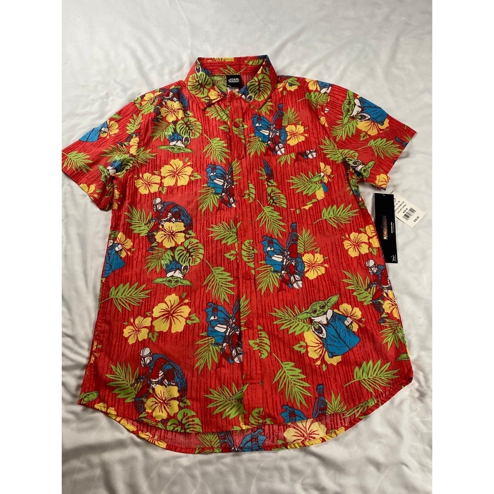 Star Wars‎ The Mandalorian Grogu Hawaiian Shirt Mens Medium Coral Red  NWT